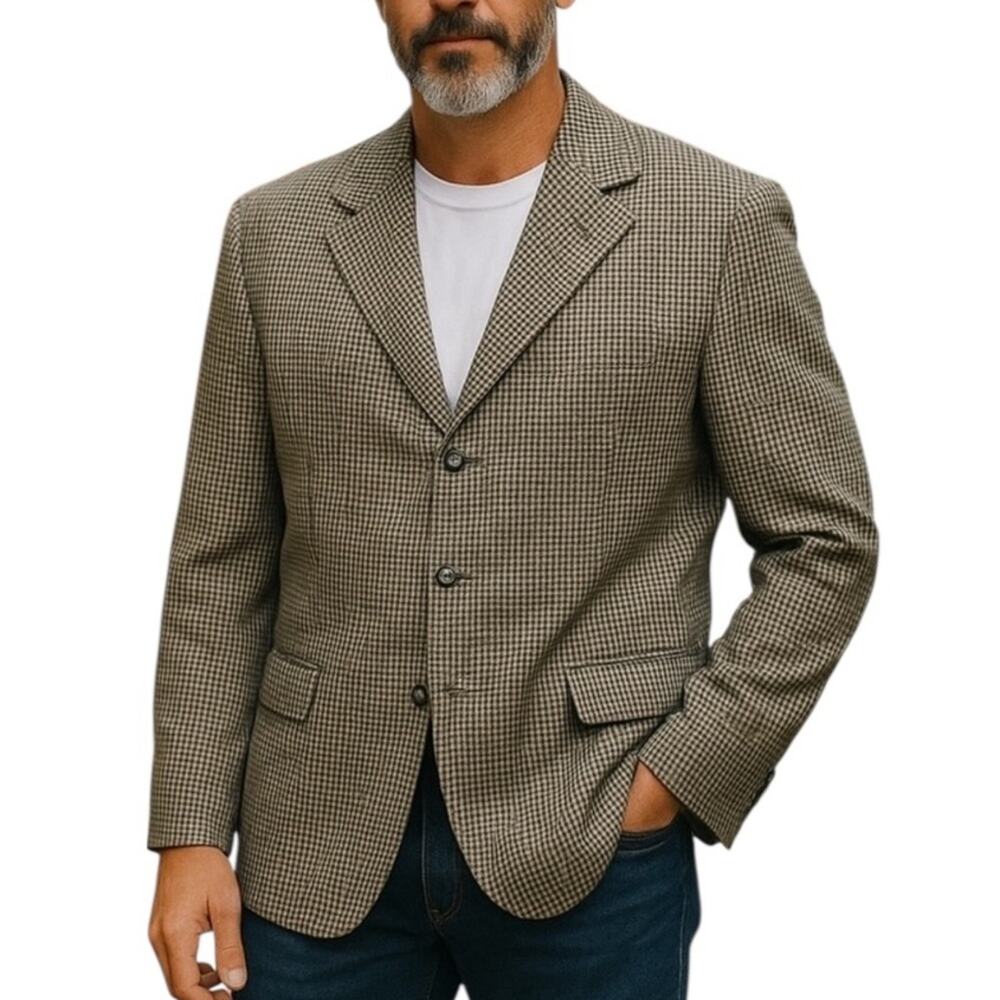 Bob Mackie Wool Plaid Blazer Mens 44R Green Brown Vintage Sport Coat